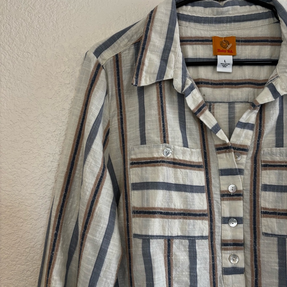 Ruby Rd. Beige, Cream and Gray Striped Blouse with Buttons - Picture 3 of 6
